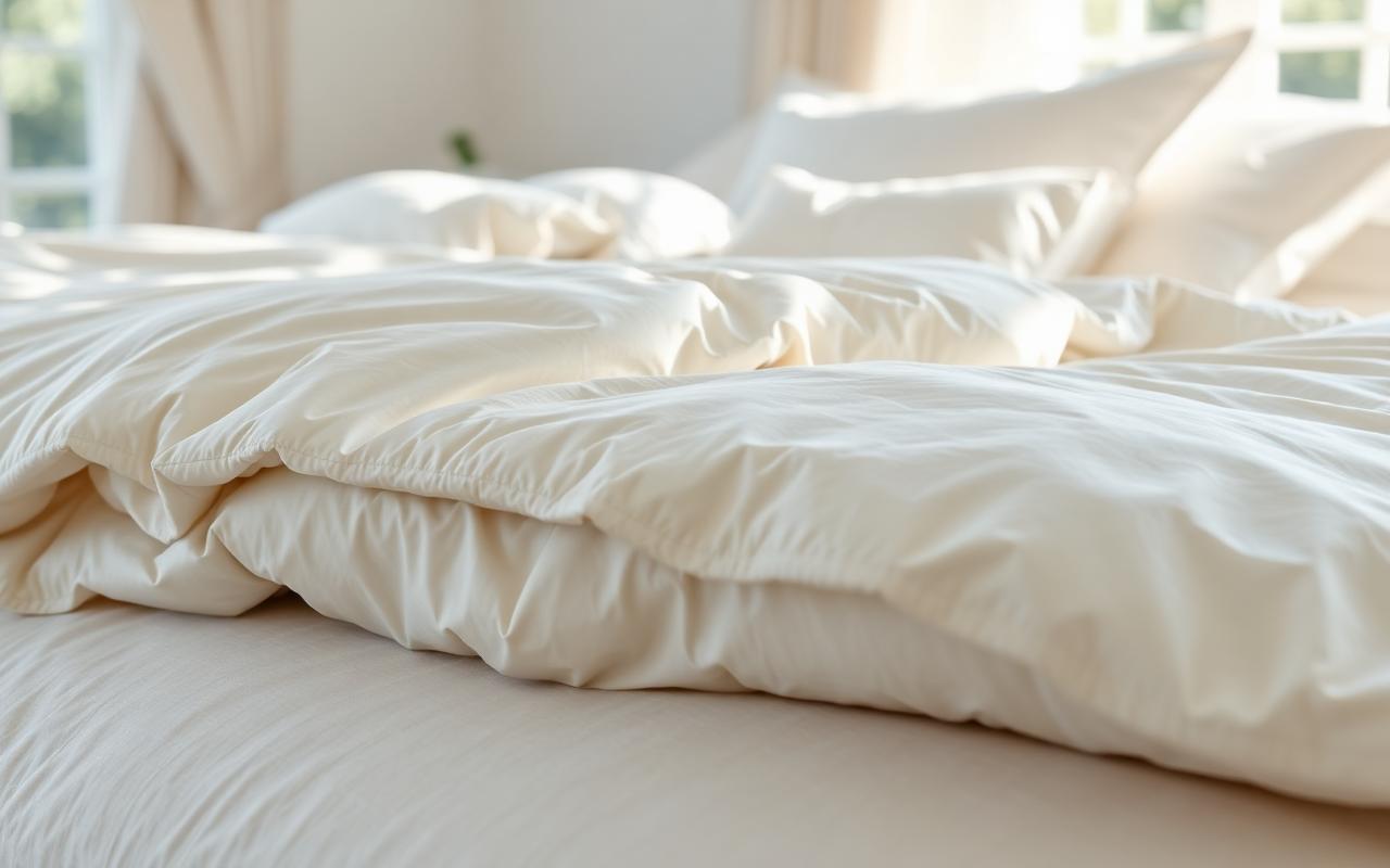 A freshly laundered white comforter and pillows on a sunlit bed