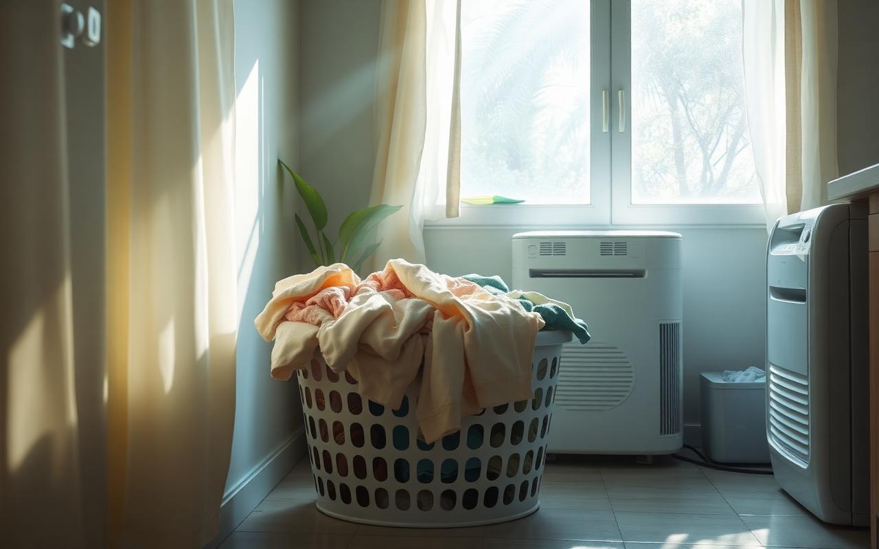 A laundry basket in a bright Florida laundry room on a humid morning