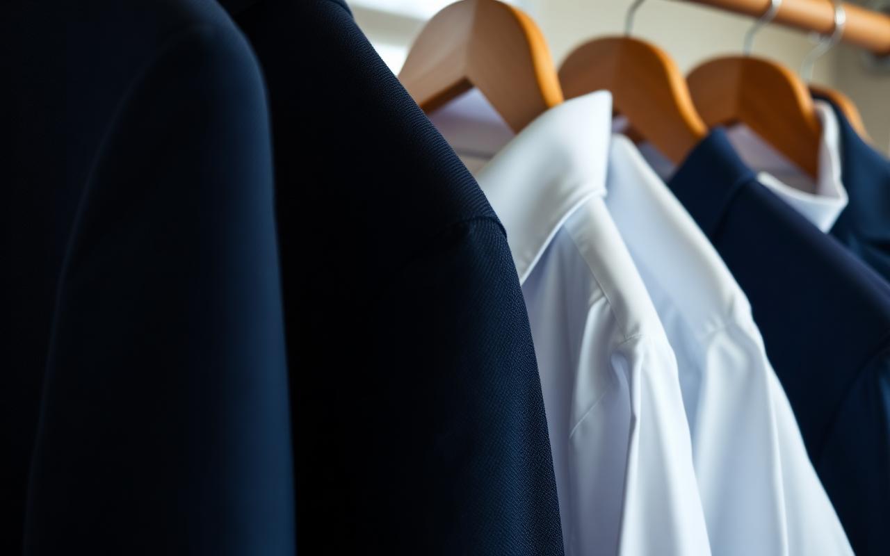 A navy wool suit jacket and pressed dress shirts on wooden hangers